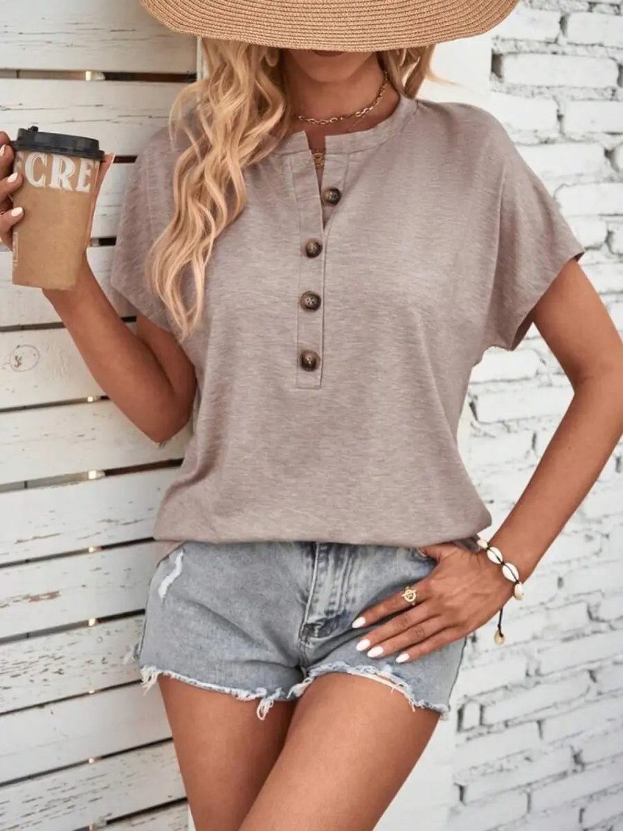 Stylish Half Button Short Sleeve Top for Women - Love Salve